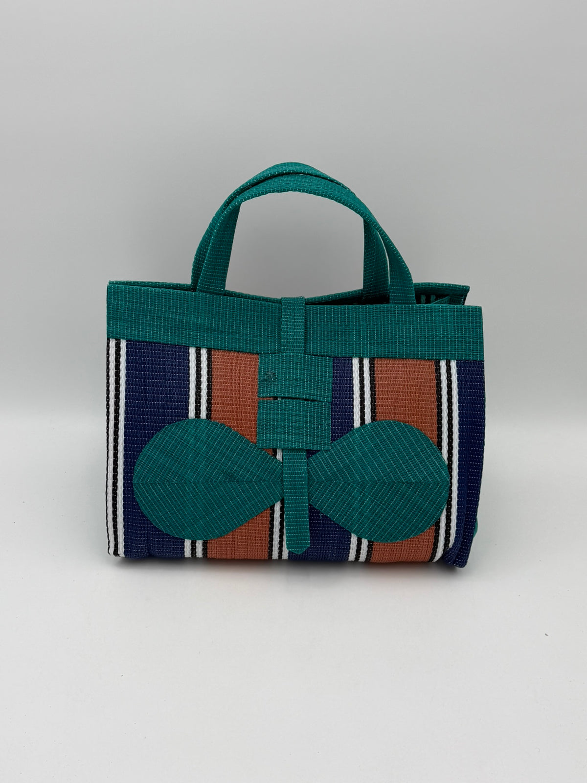 Emerald Large handwoven tote bag by SCRUBIES in Green,Blue,Brown,White with Stripes design and Bow accent pattern