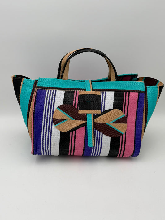 Lavender Large handwoven tote bag by SCRUBIES in Pink,Teal,Beige,Brown,Purple,White,Black with Stripes design and Bow accent pattern