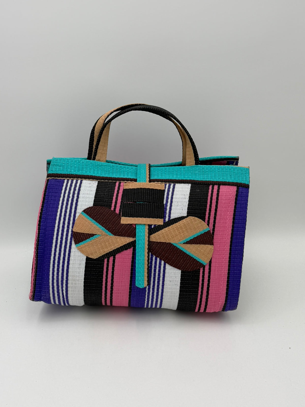 Lavender Large handwoven tote bag by SCRUBIES in Pink,Teal,Beige,Brown,Purple,White,Black with Stripes design and Bow accent pattern