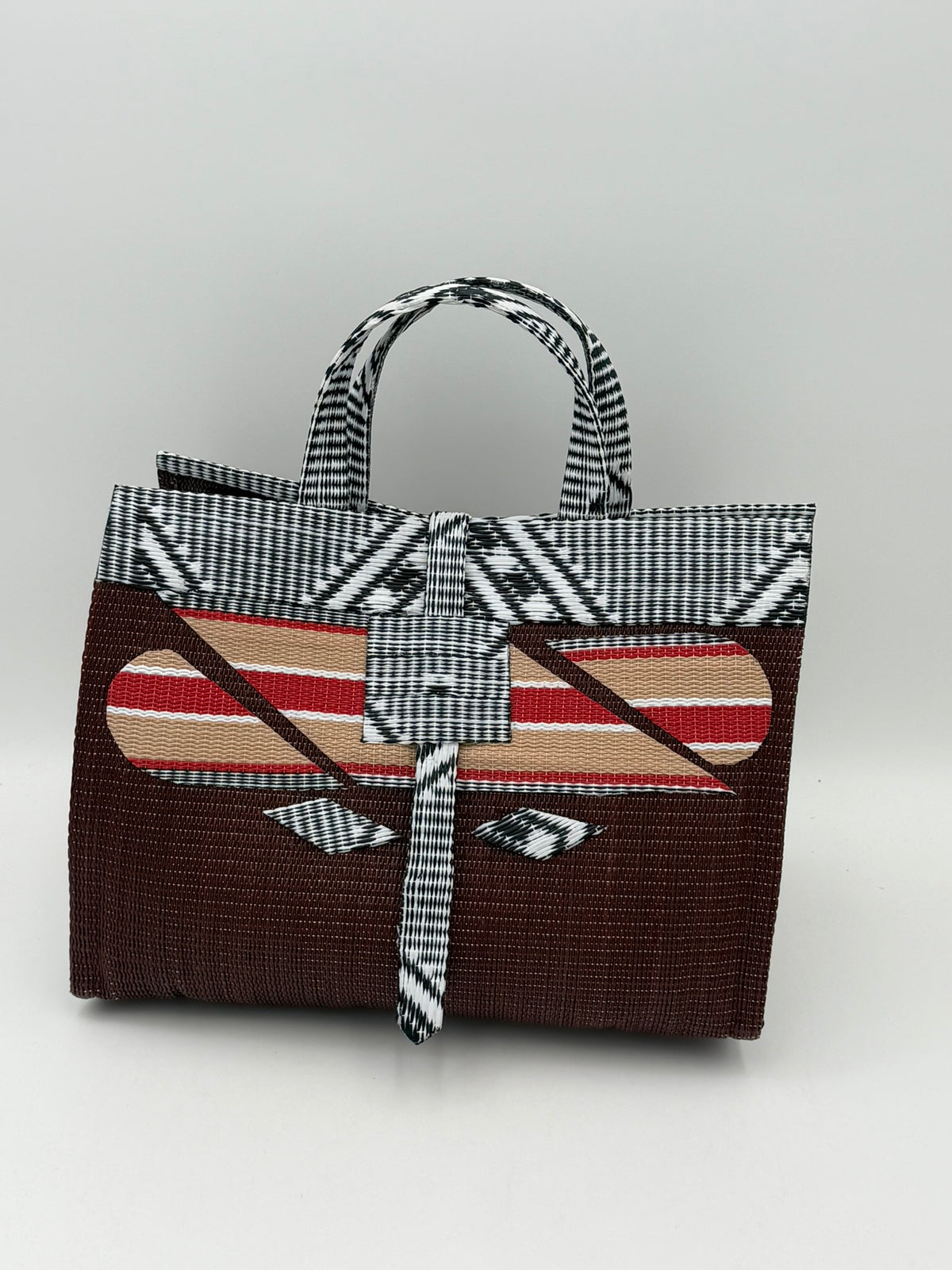 Brownie Large handwoven tote bag by SCRUBIES in Brown,Beige,White,Black with Solid design and Abstract accent pattern