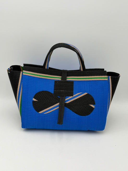 Lagoon Large handwoven tote bag by SCRUBIES in Blue,Black,Beige with Solid design and Bow accent pattern