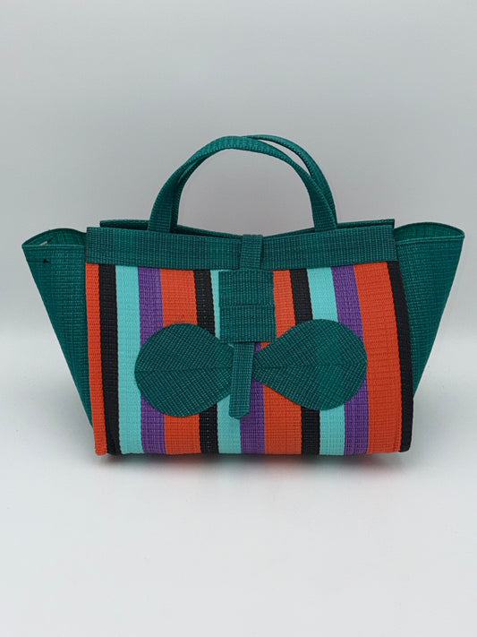 Teal Blocks Large handwoven tote bag by SCRUBIES in Green,Teal,Orange,Wine,Purple,Black with Block design and Bow accent pattern