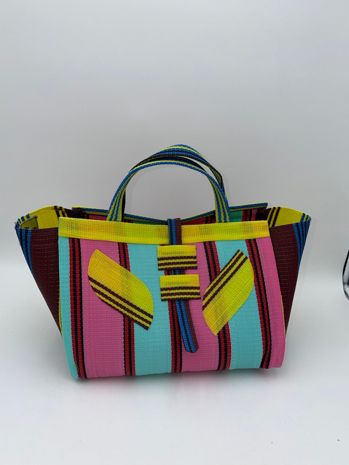 Candy Large handwoven tote bag by SCRUBIES in Teal,Pink,Yellow,Blue,Brown with Stripes design and Leaf accent pattern