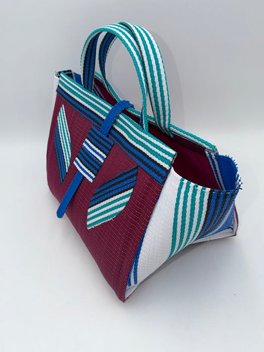 Winery Large handwoven tote bag by SCRUBIES in Wine,White,Blue,Teal with Solid design and Leaf accent pattern