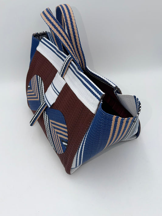 Brownie Large handwoven tote bag by SCRUBIES in Brown,White,Blue with Solid design and Bow accent pattern