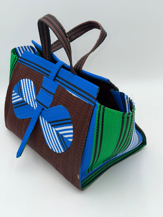 Brownie Large handwoven tote bag by SCRUBIES in Brown,Blue,White,Green with Solid design and Bow accent pattern