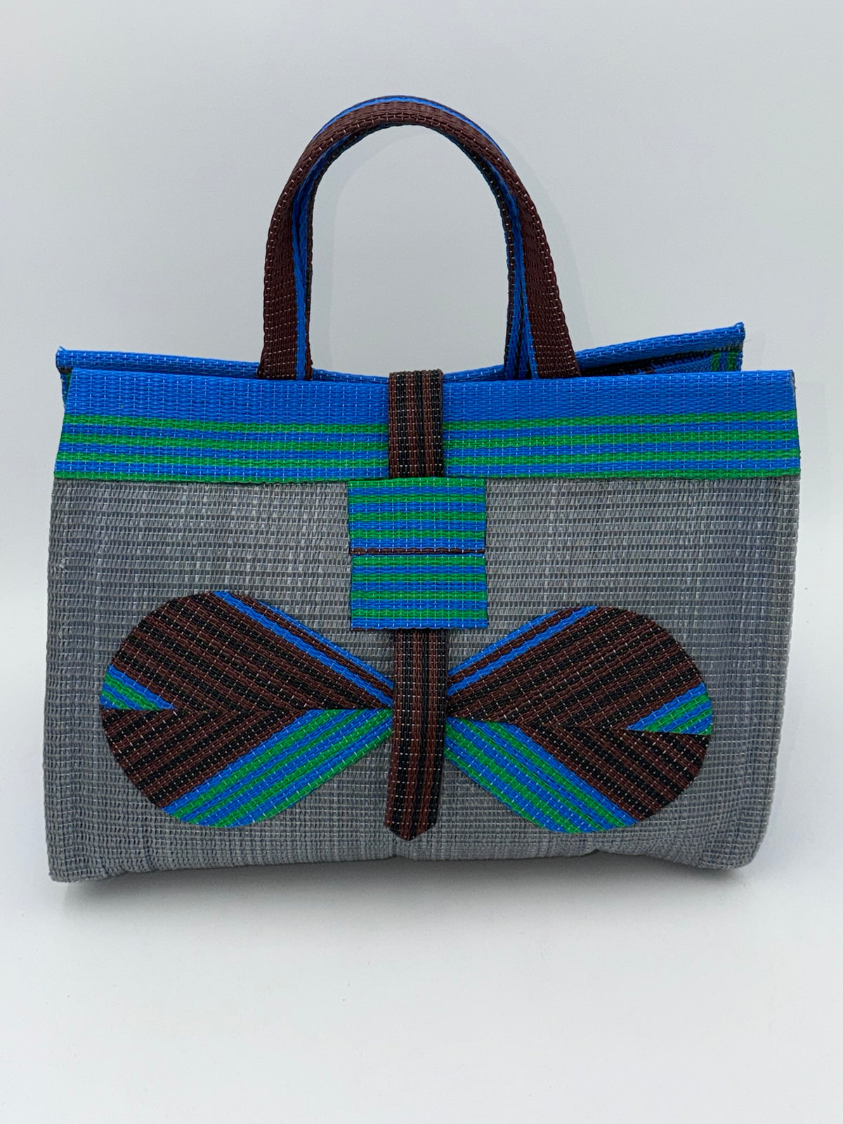Metallic Large handwoven tote bag by SCRUBIES in Gray,Brown,Blue,Green with Solid design and Bow accent pattern
