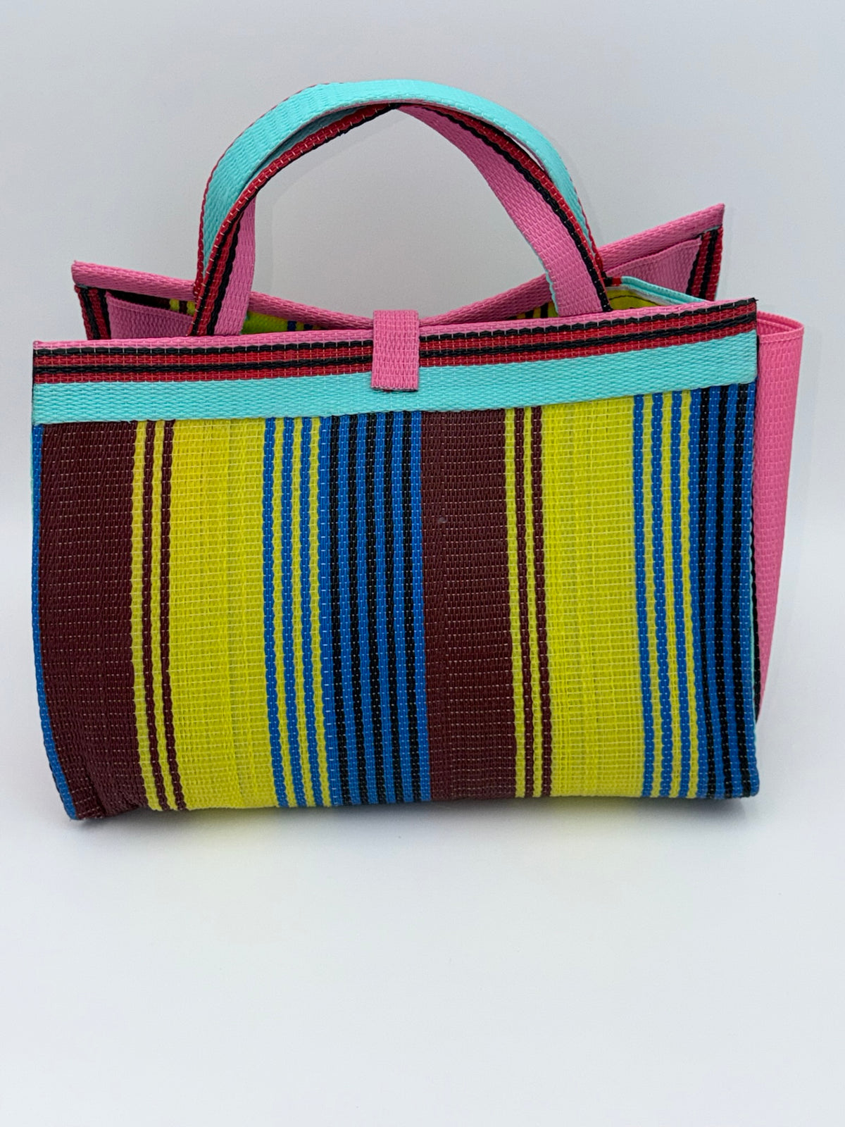 Sunshine Large handwoven tote bag by SCRUBIES in Pink,Teal,Yellow,Blue,Brown with Stripes design and Bow accent pattern
