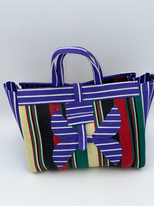 Lavender Large handwoven tote bag by SCRUBIES in Purple,Black,Red,Green,Beige with Stripes design and Bow accent pattern