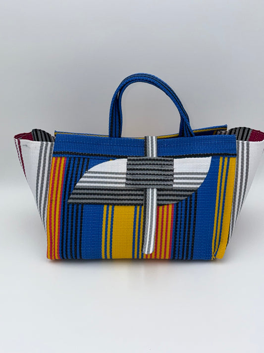Citrus Large handwoven tote bag by SCRUBIES in Blue,Yellow,White, with Stripes design and Almond accent pattern