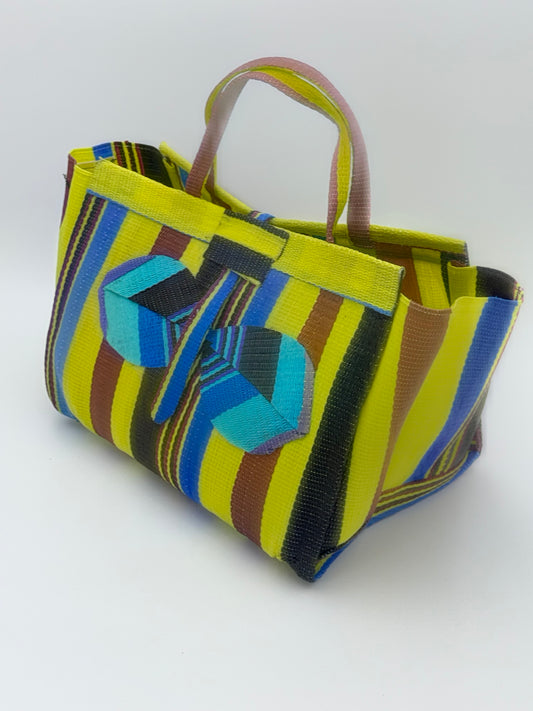 Carbon Large handwoven tote bag by SCRUBIES in Yellow,Wine,Teal,Black with Stripes design and Bow accent pattern