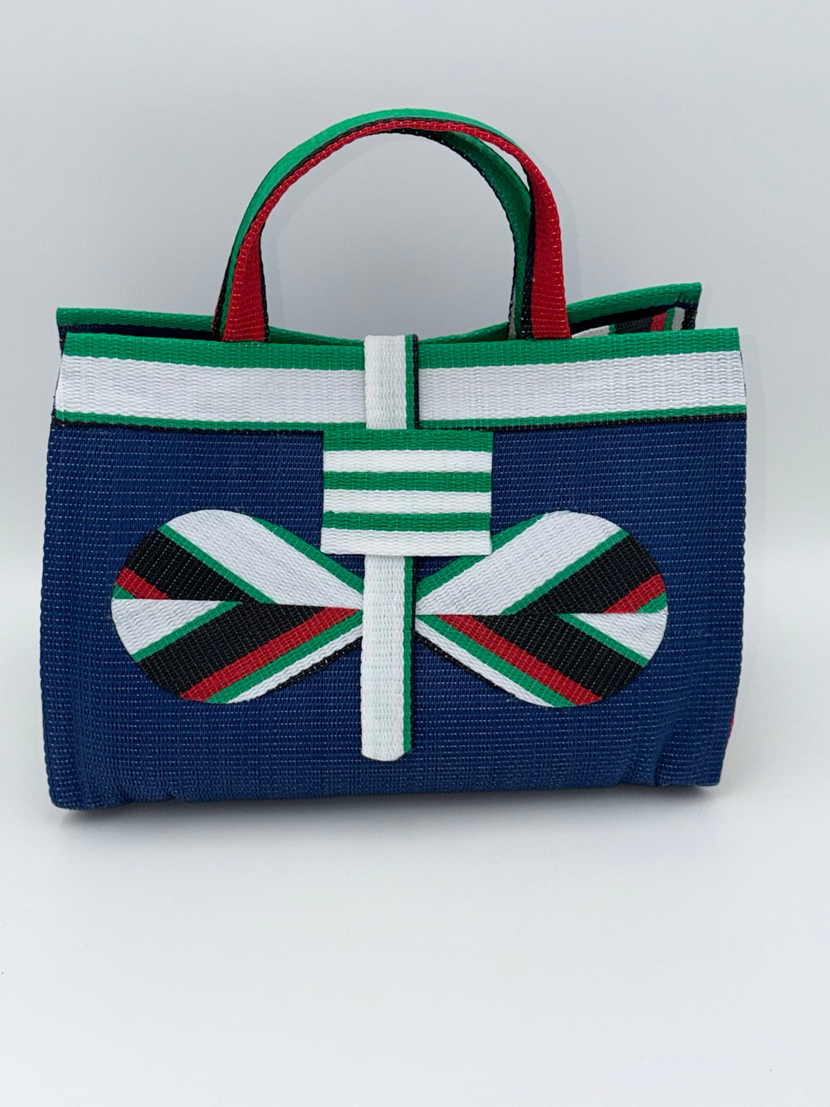 Berry Large handwoven tote bag by SCRUBIES in Blue,White,Green,Red,Black with Solid design and Bow accent pattern