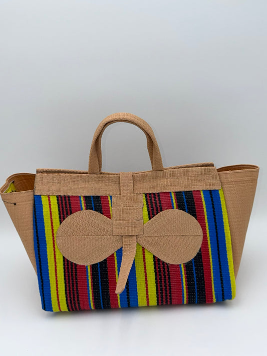 Africana Large handwoven tote bag by SCRUBIES in Beige,Blue,Yellow,Red,Black with Stripes design and Bow accent pattern