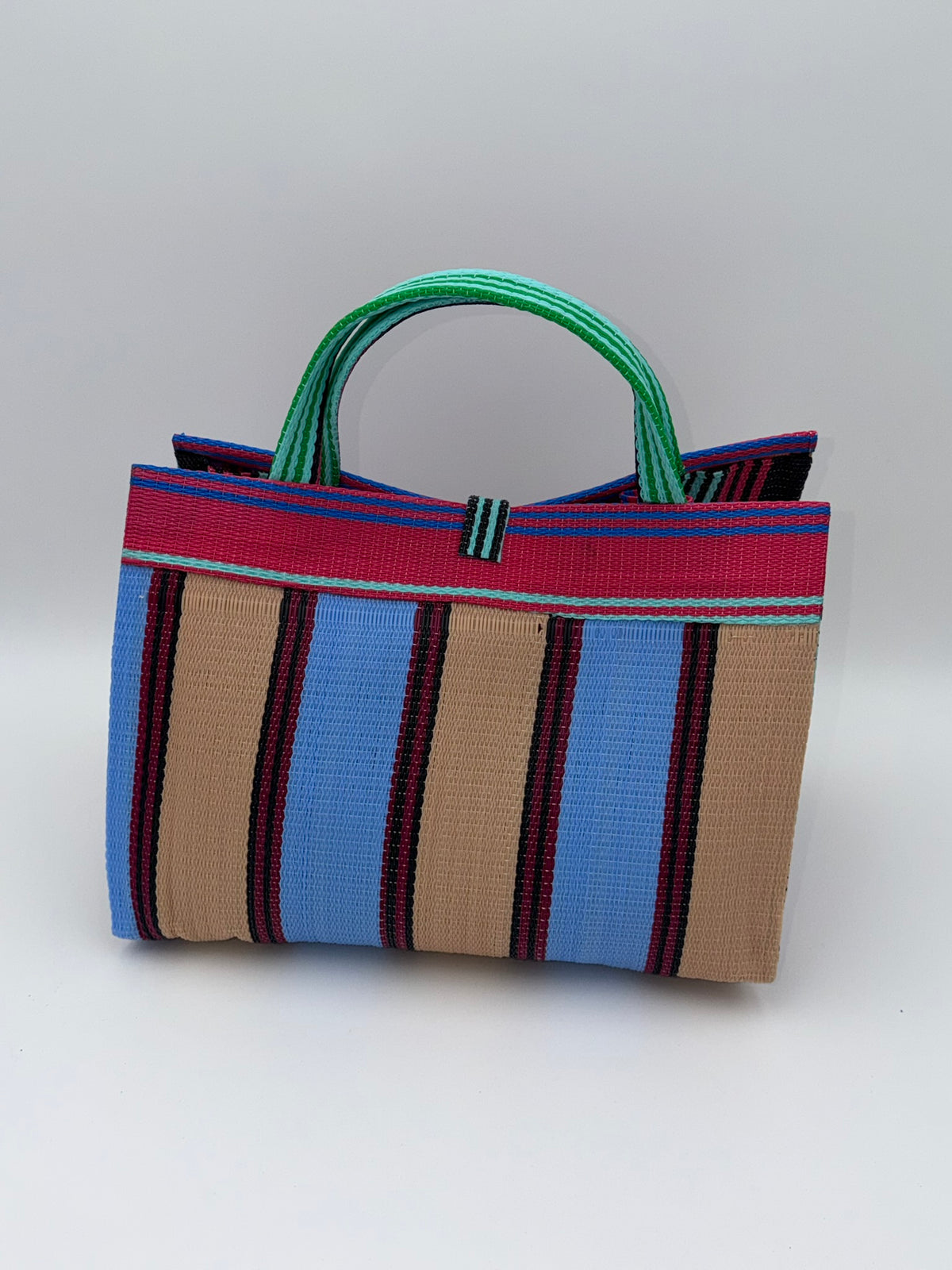 Candy Large handwoven tote bag by SCRUBIES in Pink,Teal,Beige,Blue with Stripes design and Bow accent pattern