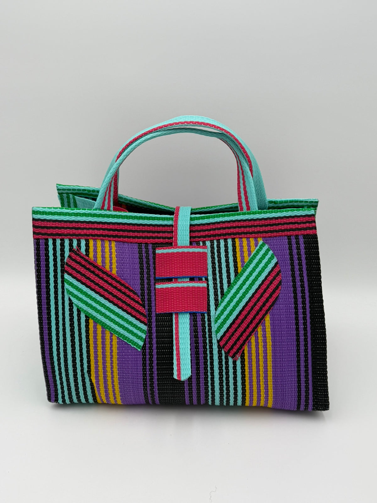 Candy Large handwoven tote bag by SCRUBIES in Purple,Teal,Pink,Black with Stripes design and Leaf accent pattern