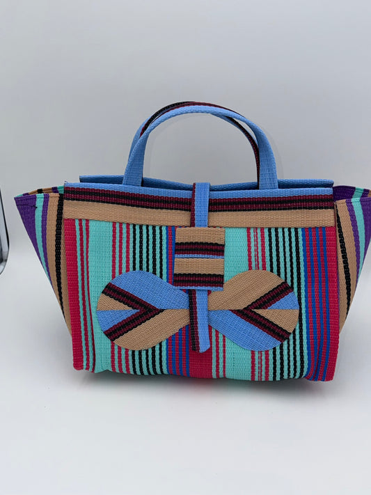 Candy Large handwoven tote bag by SCRUBIES in Teal,Pink,Beige,Blue, with Stripes design and Bow accent pattern