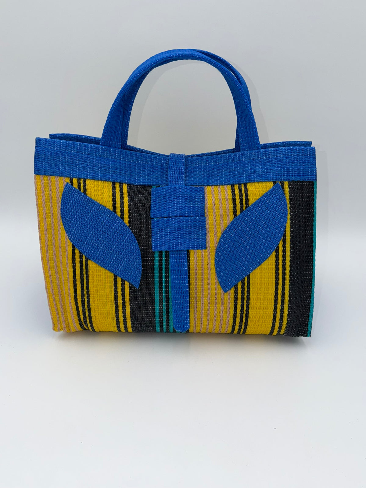 Lagoon Large handwoven tote bag by SCRUBIES in Blue,Yellow,Black,Green with Stripes design and Leaf accent pattern