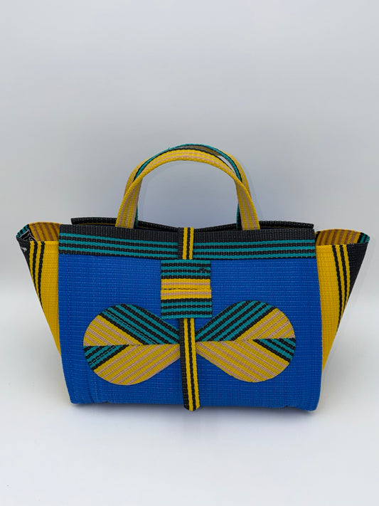 Lagoon Large handwoven tote bag by SCRUBIES in Blue,Yellow,Black,Green with Solid design and Bow accent pattern