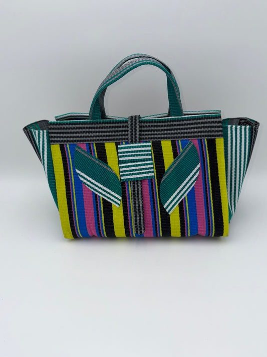 Sunshine Large handwoven tote bag by SCRUBIES in Yellow,Blue,Pink,Grey,Green with Stripes design and Leaf accent pattern