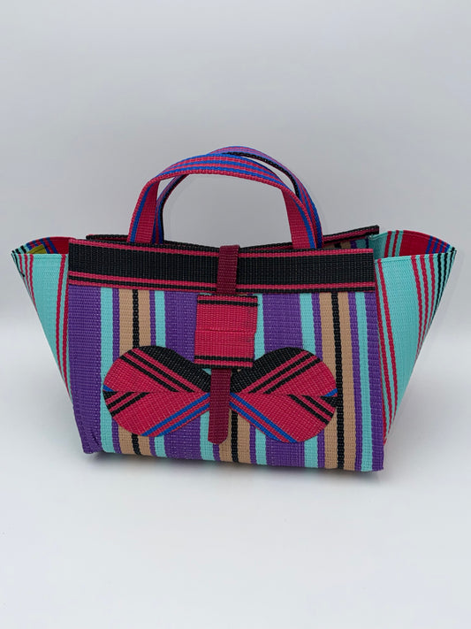 Candy Large handwoven tote bag by SCRUBIES in Teal,Purple,Beige,Black,Pink with Stripes design and Bow accent pattern