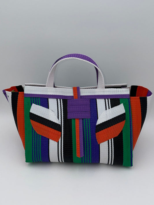 Emerald Large handwoven tote bag by SCRUBIES in White,Black,Green,Purple with Stripes design and Leaf accent pattern