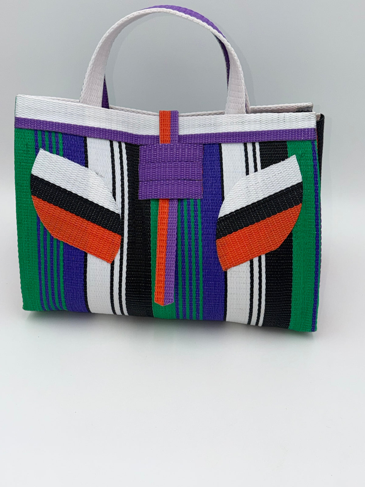 Emerald Large handwoven tote bag by SCRUBIES in White,Black,Green,Purple with Stripes design and Leaf accent pattern