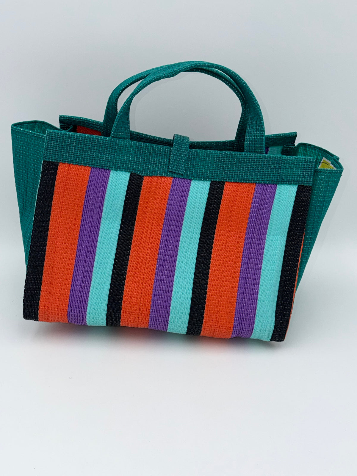 Teal Blocks Large handwoven tote bag by SCRUBIES in Green,Teal,Orange,Purple,Black with Block design and Leaf accent pattern