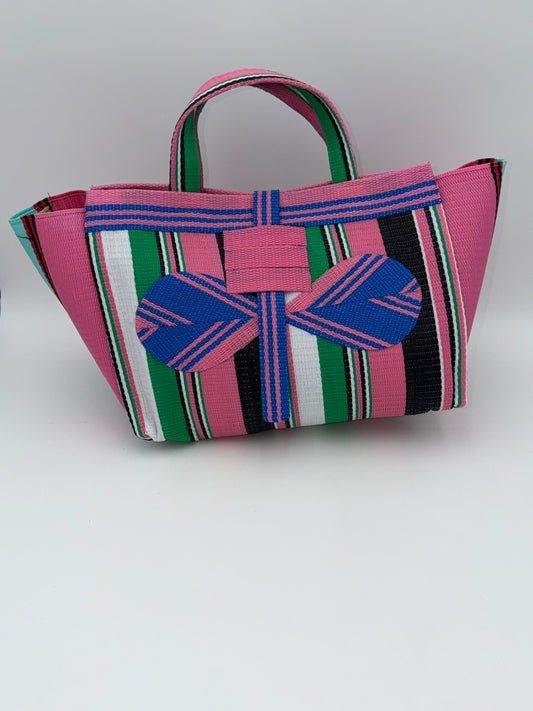 Candy Large handwoven tote bag by SCRUBIES in Pink,Blue,Green,White,Black with Stripes design and Bow accent pattern