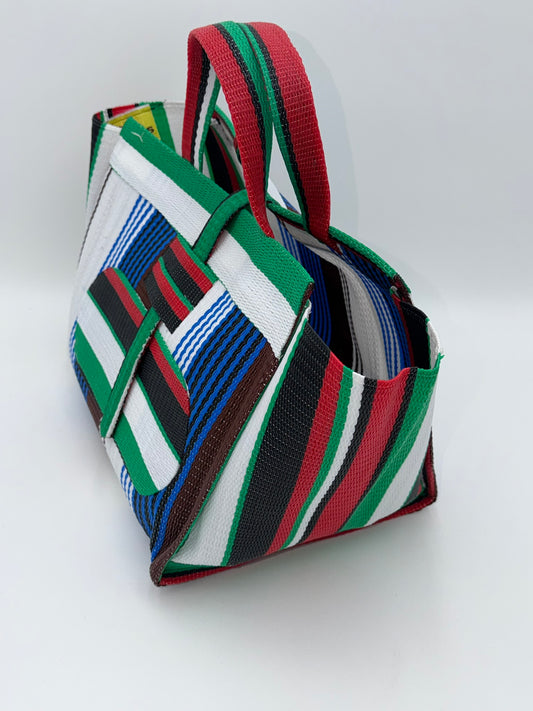 Pearl Large handwoven tote bag by SCRUBIES in White,Blue,Green,Red,Black,Brown with Stripes design and Oval accent pattern