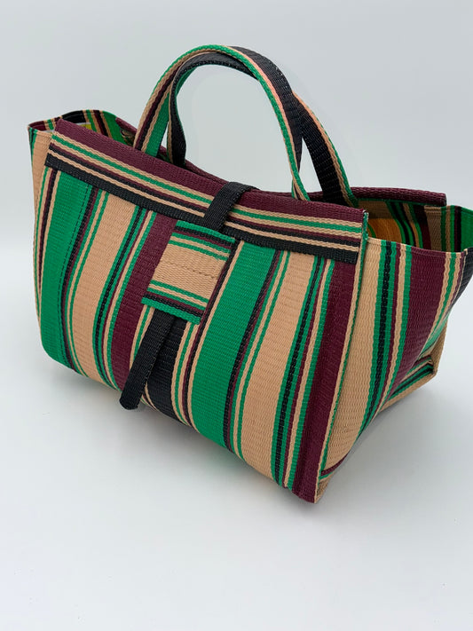 Metallic Large handwoven tote bag by SCRUBIES in Wine,Beige,Green,Black with Stripes design and None accent pattern