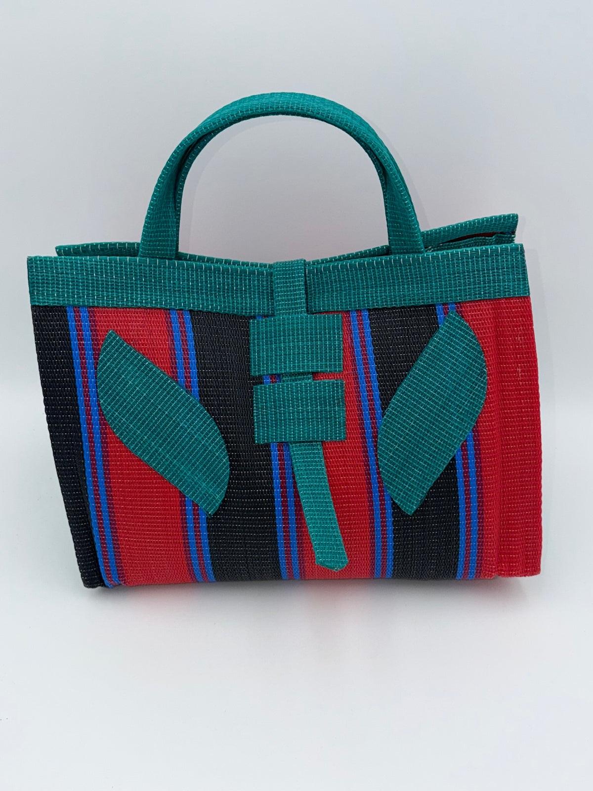 Red Blocks Large handwoven tote bag by SCRUBIES in Green,Red,Black,Blue with Stripes design and Leaf accent pattern