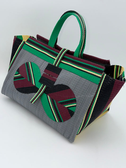Metallic Large handwoven tote bag by SCRUBIES in Gray,Wine,Black,Green with Solid design and Bow accent pattern