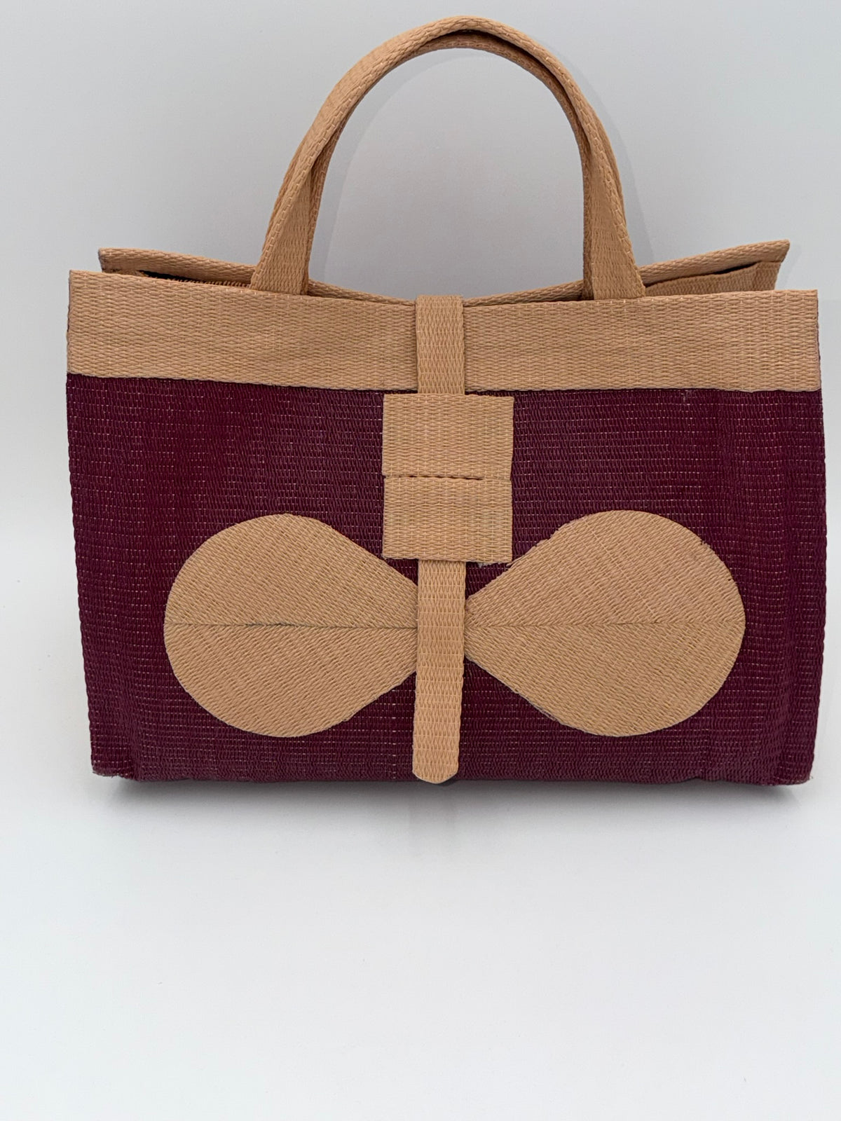 Winery Large handwoven tote bag by SCRUBIES in Wine,Beige with Solid design and Bow accent pattern