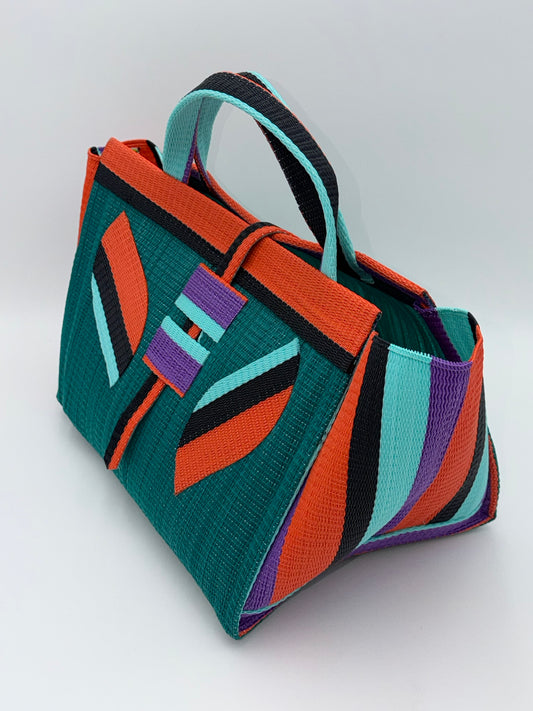 Emerald Large handwoven tote bag by SCRUBIES in Green,Orange,Black,Teal,Purple with Solid design and Leaf accent pattern