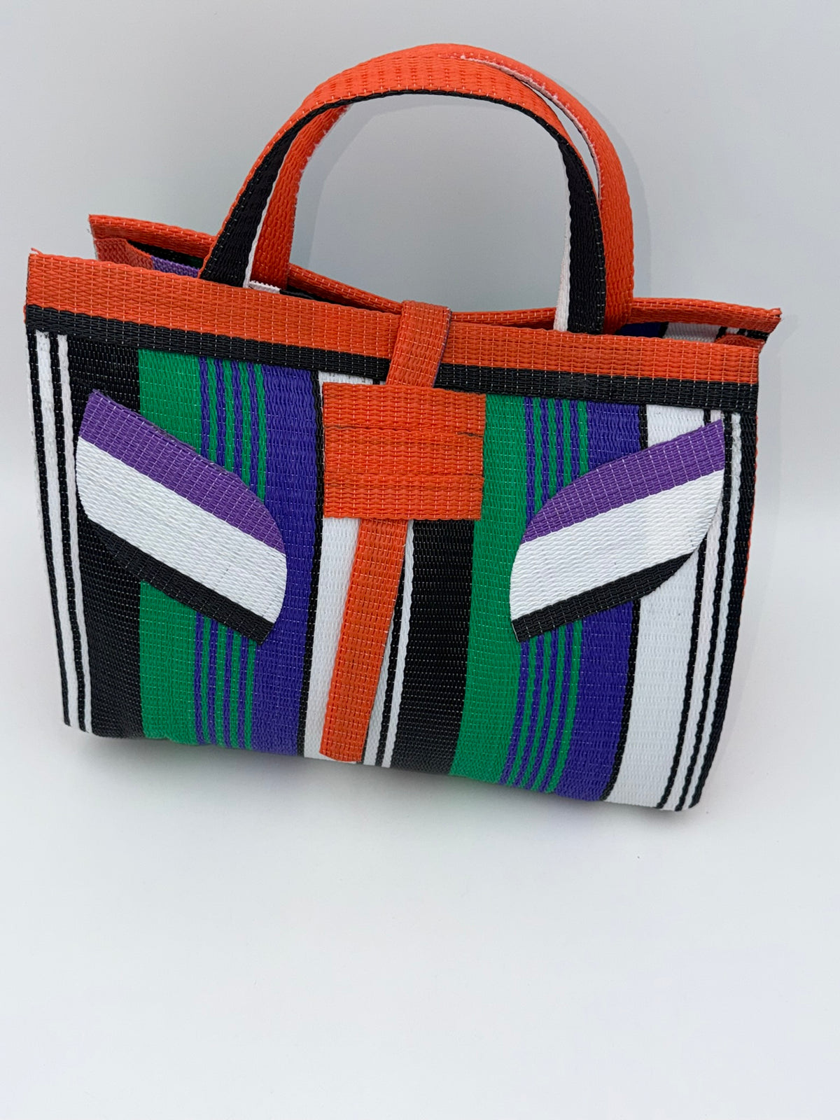Emerald Large handwoven tote bag by SCRUBIES in Orange,Black,White,Purple,Green with Stripes design and Leaf accent pattern