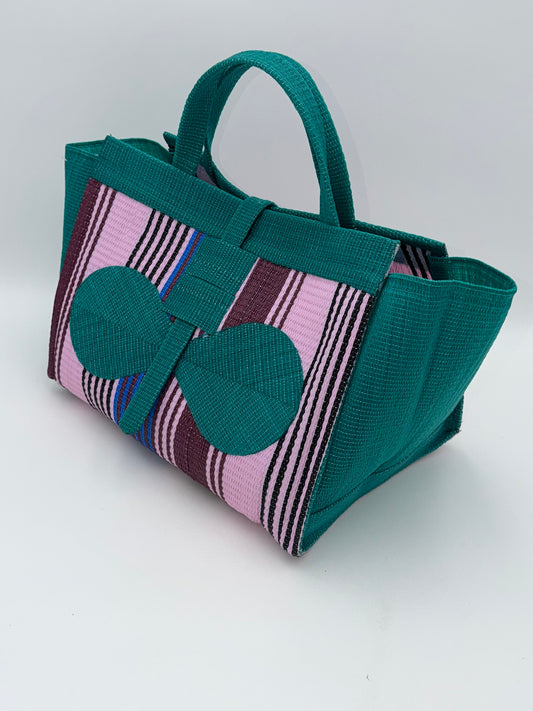 Candy Large handwoven tote bag by SCRUBIES in Green,Pink,Wine with Stripes design and Bow accent pattern
