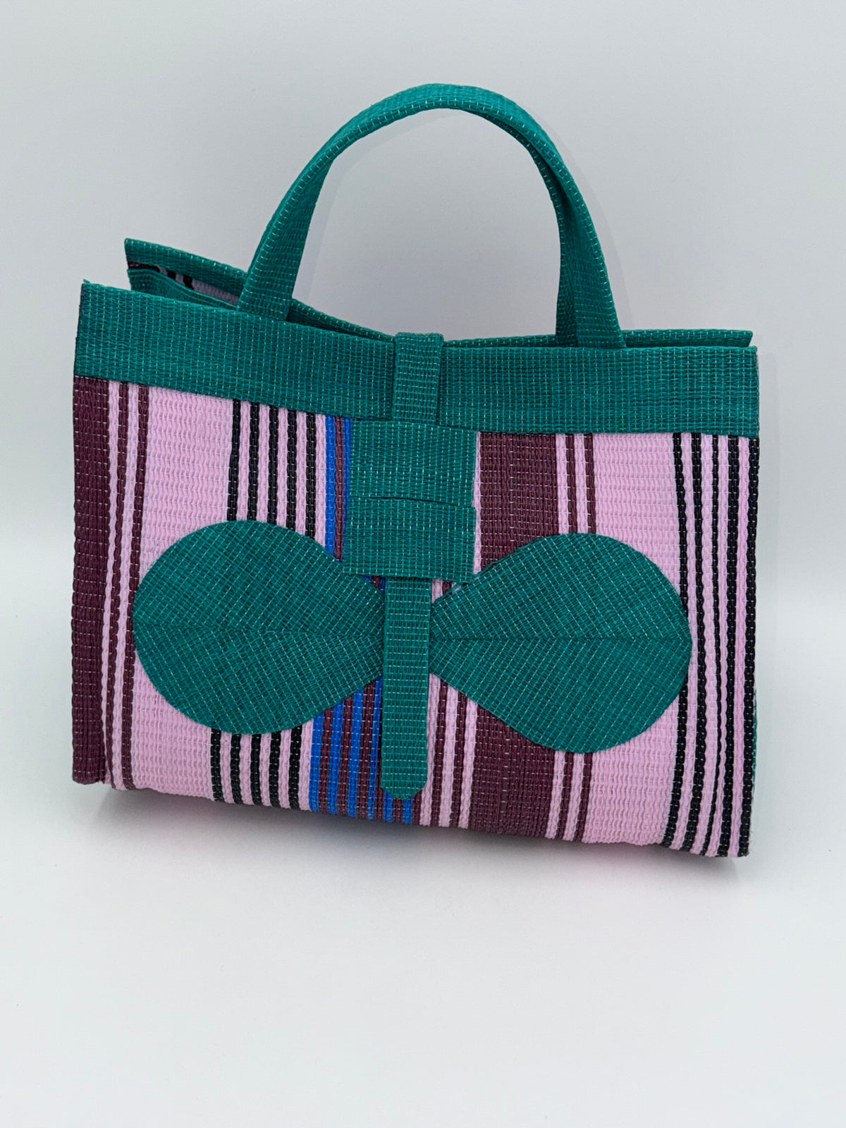 Candy Large handwoven tote bag by SCRUBIES in Green,Pink,Wine with Stripes design and Bow accent pattern