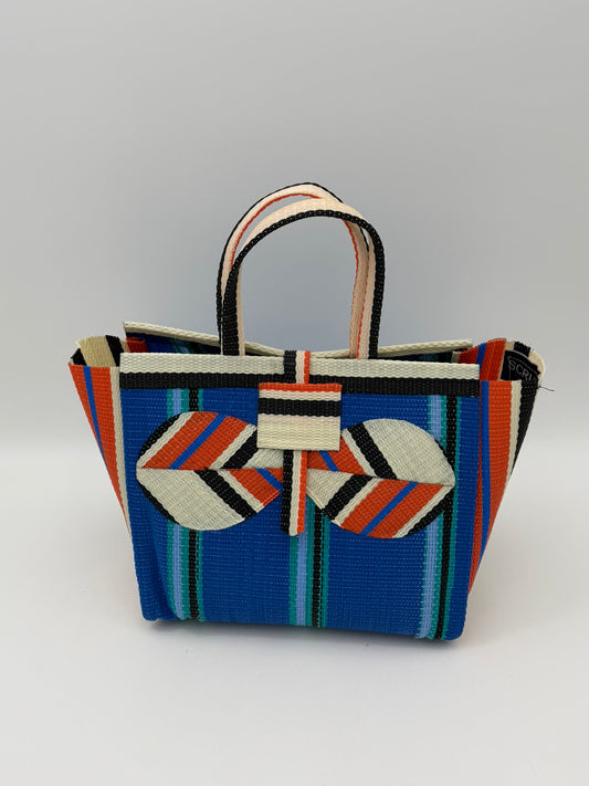 Lagoon Medium handwoven tote bag by SCRUBIES in Blue,Orange,Cream,Black with Stripes design and Bow accent pattern