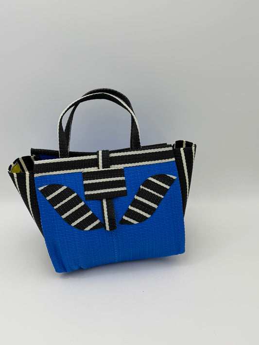 Lagoon Medium handwoven tote bag by SCRUBIES in Blue,Black,White with Solid design and Leaf accent pattern