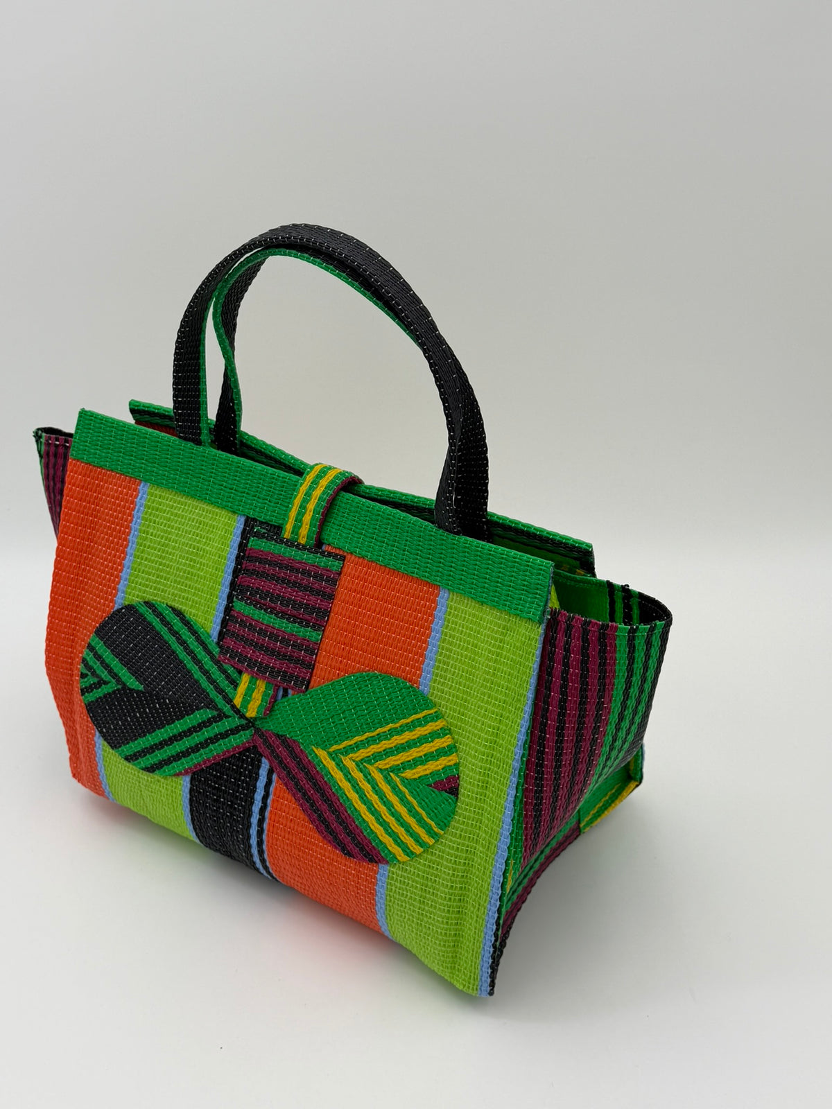 Citrus Medium handwoven tote bag by SCRUBIES in Geen,Orange,Wine,Lime,Black with Stripes design and Bow accent pattern