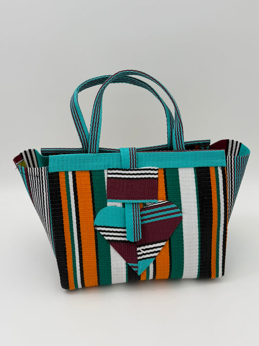 Citrus Medium handwoven tote bag by SCRUBIES in Teal,Black,Orange,Green,White with Stripes design and Love accent pattern