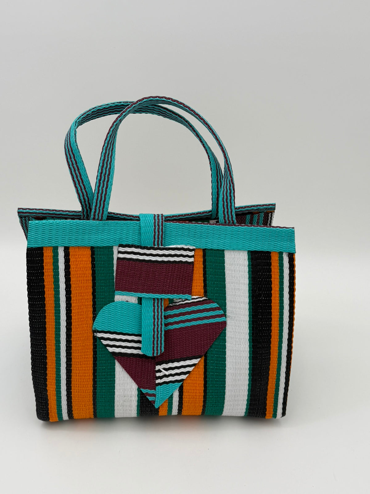 Citrus Medium handwoven tote bag by SCRUBIES in Teal,Black,Orange,Green,White with Stripes design and Love accent pattern