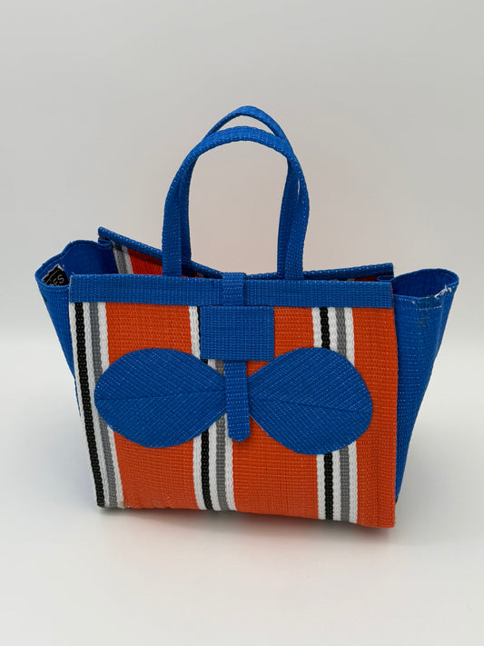 Citrus Medium handwoven tote bag by SCRUBIES in Orange,Blue,White,Gray with Stripes design and Bow accent pattern