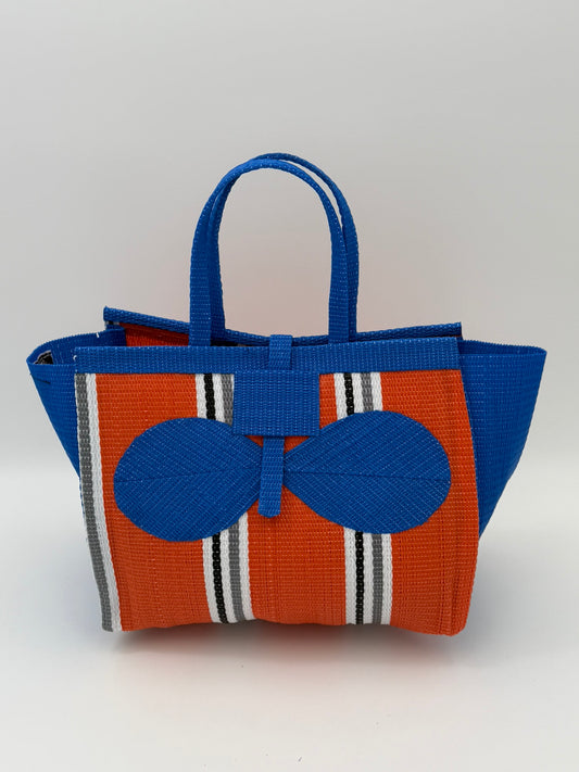 Citrus Medium handwoven tote bag by SCRUBIES in Orange,Blue,White,Gray with Stripes design and Bow accent pattern