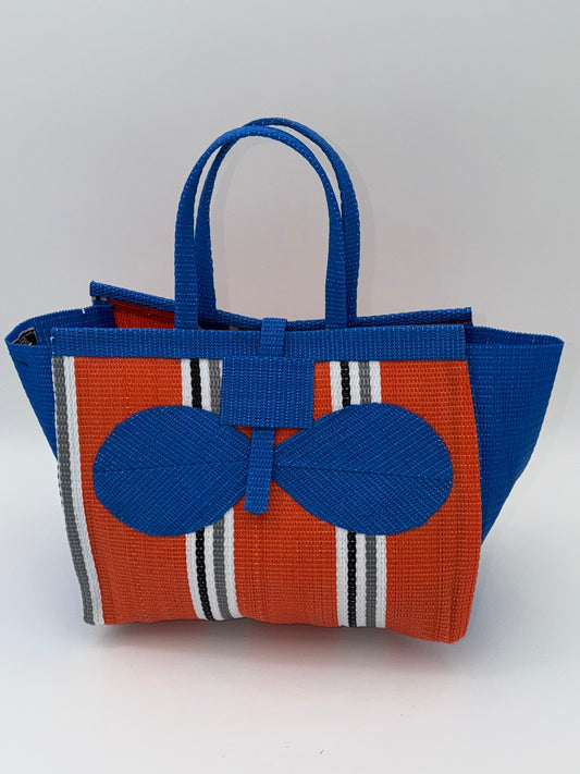 Citrus Medium handwoven tote bag by SCRUBIES in Orange,Blue,White,Gray with Stripes design and Bow accent pattern