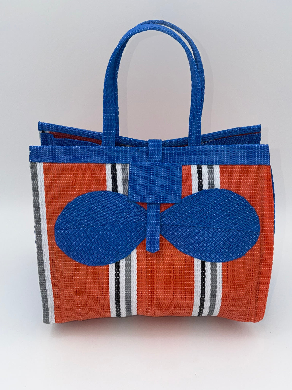 Citrus Medium handwoven tote bag by SCRUBIES in Orange,Blue,White,Gray with Stripes design and Bow accent pattern
