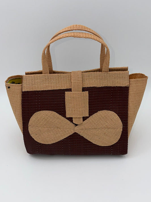 Chocolate Medium handwoven tote bag by SCRUBIES in Chocolate,Beige with Solid design and Bow accent pattern