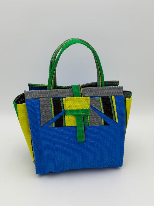 Lagoon Medium handwoven tote bag by SCRUBIES in Blue,Green,Yellow,Gray,Black with Solid design and Abstract accent pattern