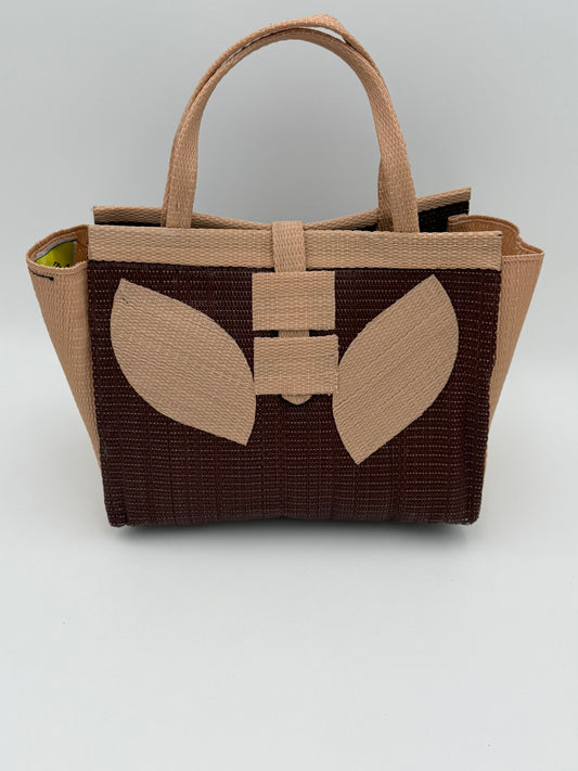 Chocolate Medium handwoven tote bag by SCRUBIES in Chocolate,Beige with Solid design and Leaf accent pattern
