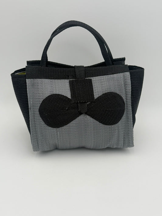 Silver Medium handwoven tote bag by SCRUBIES in Gray,Black with Solid design and Bow accent pattern